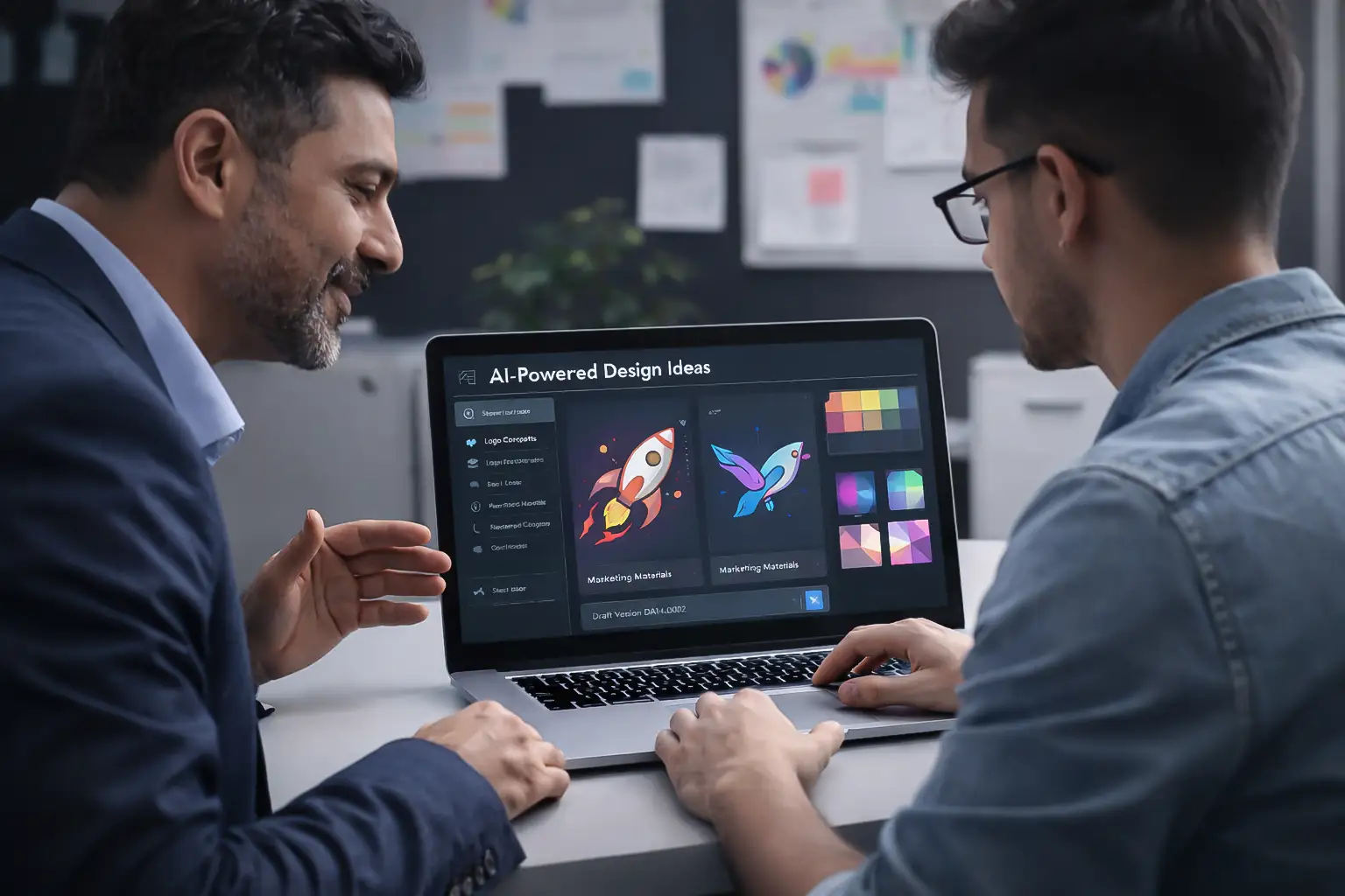 Business owner and designer reviewing AI-powered design drafts