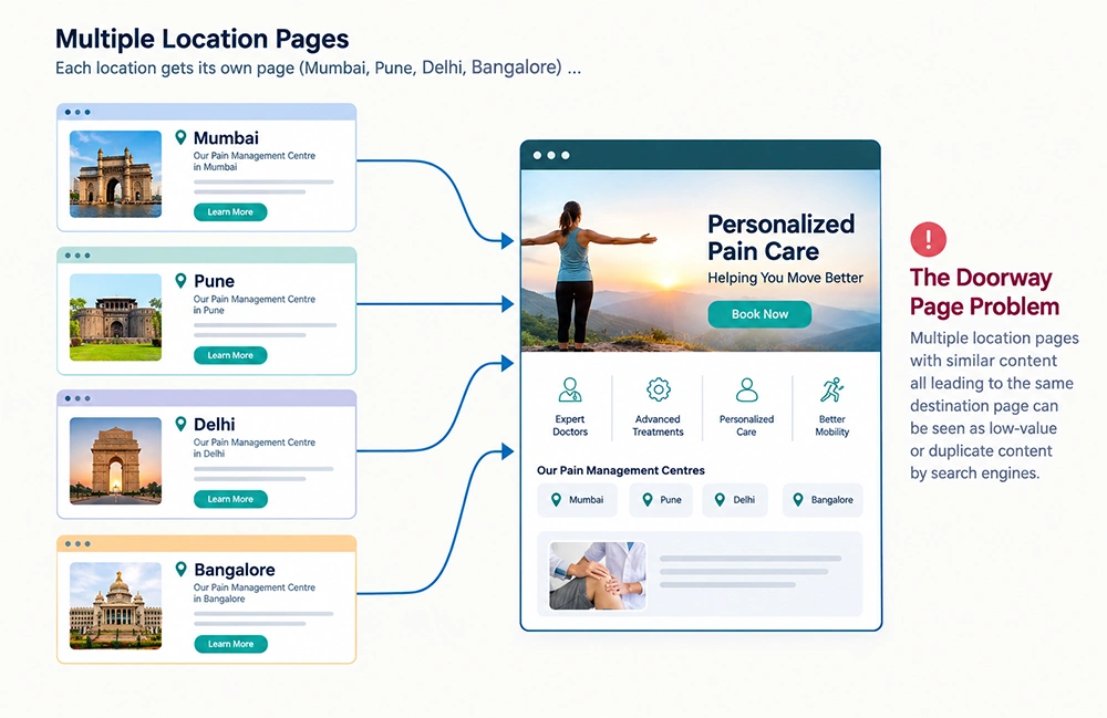 Doorway pages targeting multiple cities with similar SEO content