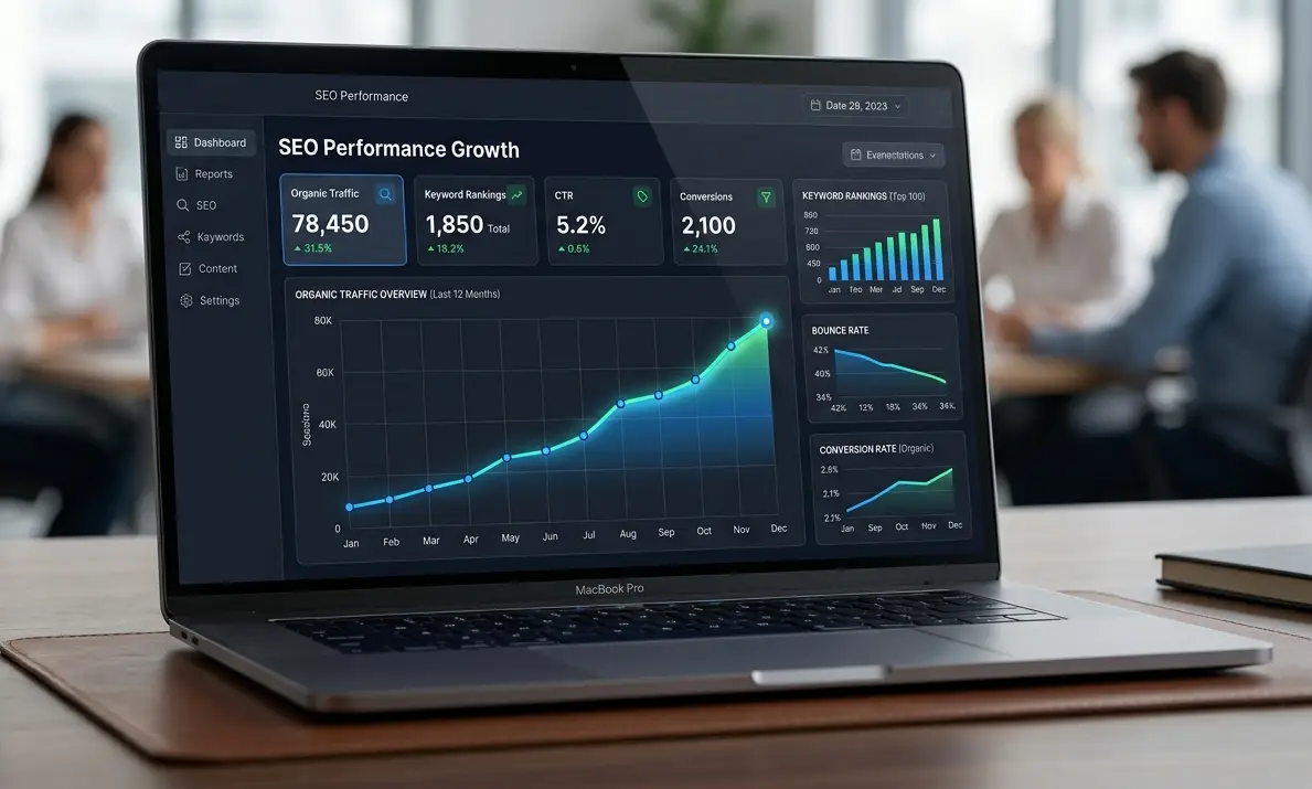 SEO in digital marketing showing organic traffic growth graph